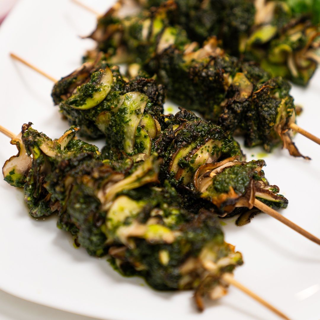 Vegetarian mushroom skewers with pesto