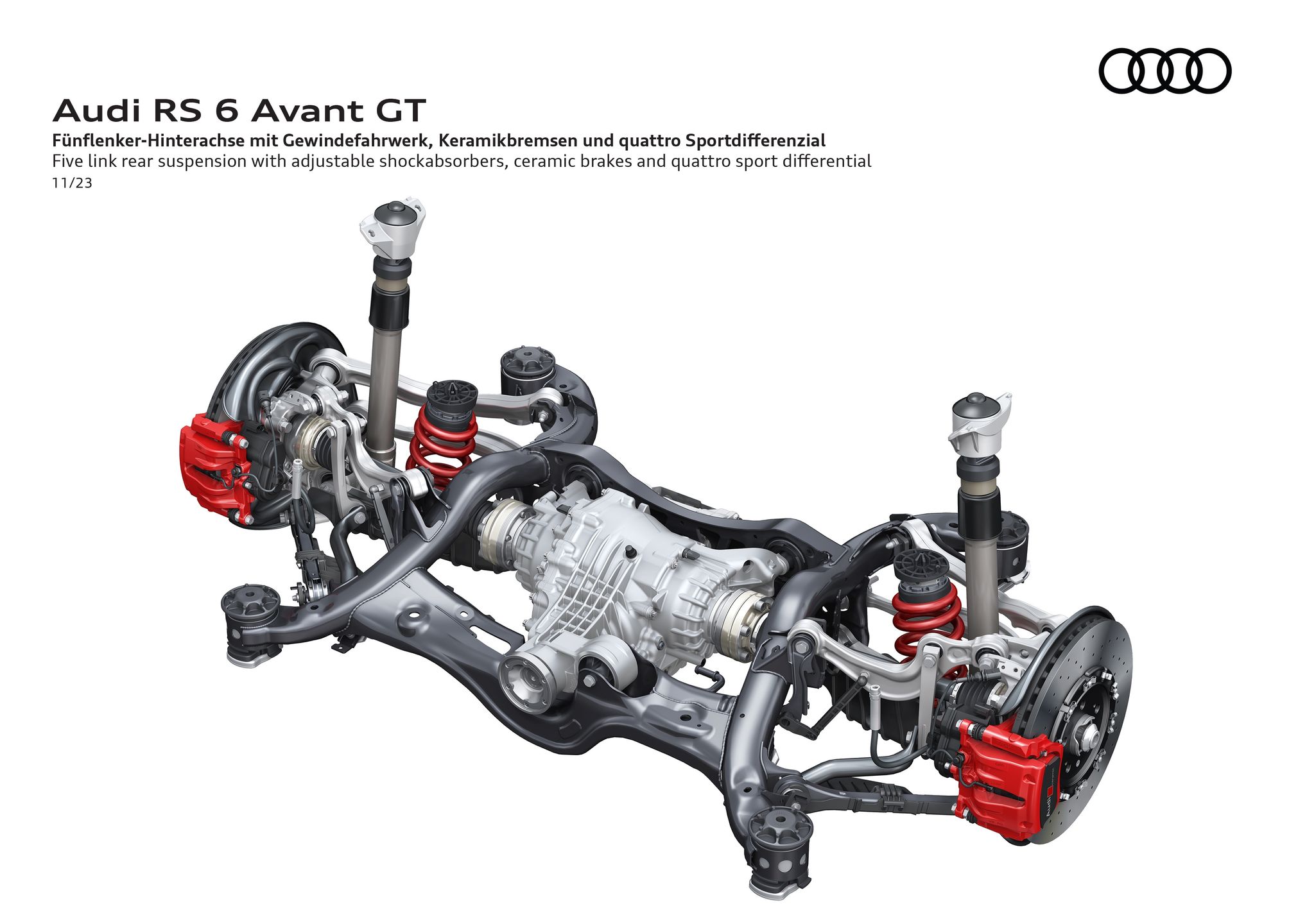 Five link rear suspension with adjustable shockabsorbers, ceramic breakes and quattro sport differential