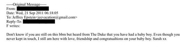 Mail z gratulacjami od Sarah Ferguson do Jeffreya Epsteina