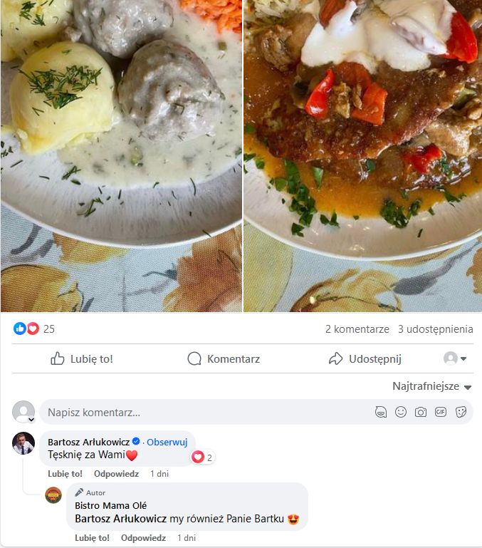 Komentarz Bartosza Arłukowicza na profilu "Bistro Mama Ole" 