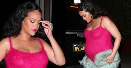 Ciężarna Rihanna idzie na kolację w ekstremalnej mini ze strusich piór (ZDJĘCIA)