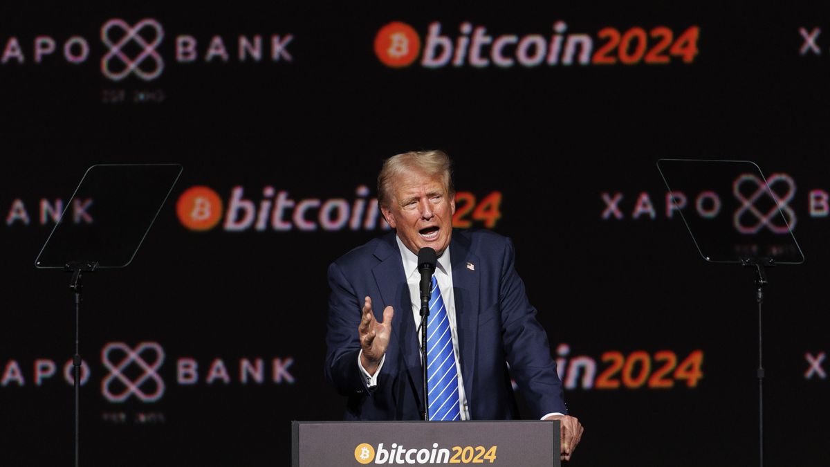 Former US President Donald Trump speaks at the Bitcoin 2024 conference in Nashville, Tennessee, US, on Saturday, July 27, 2024. Trump said he would ask the government to create a massive reserve of Bitcoin if he returns to the White House in a bid to court cryptocurrency enthusiasts and harness the industry's growing influence in the political arena. Photographer: Brett Carlsen/Bloomberg via Getty Images