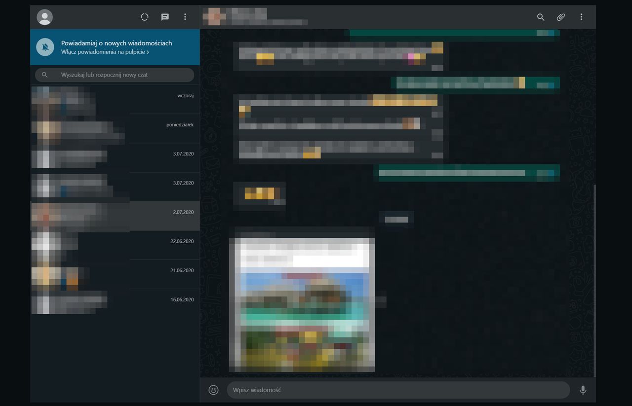 Ciemny motyw WhatsApp Web, fot. Oskar Ziomek.