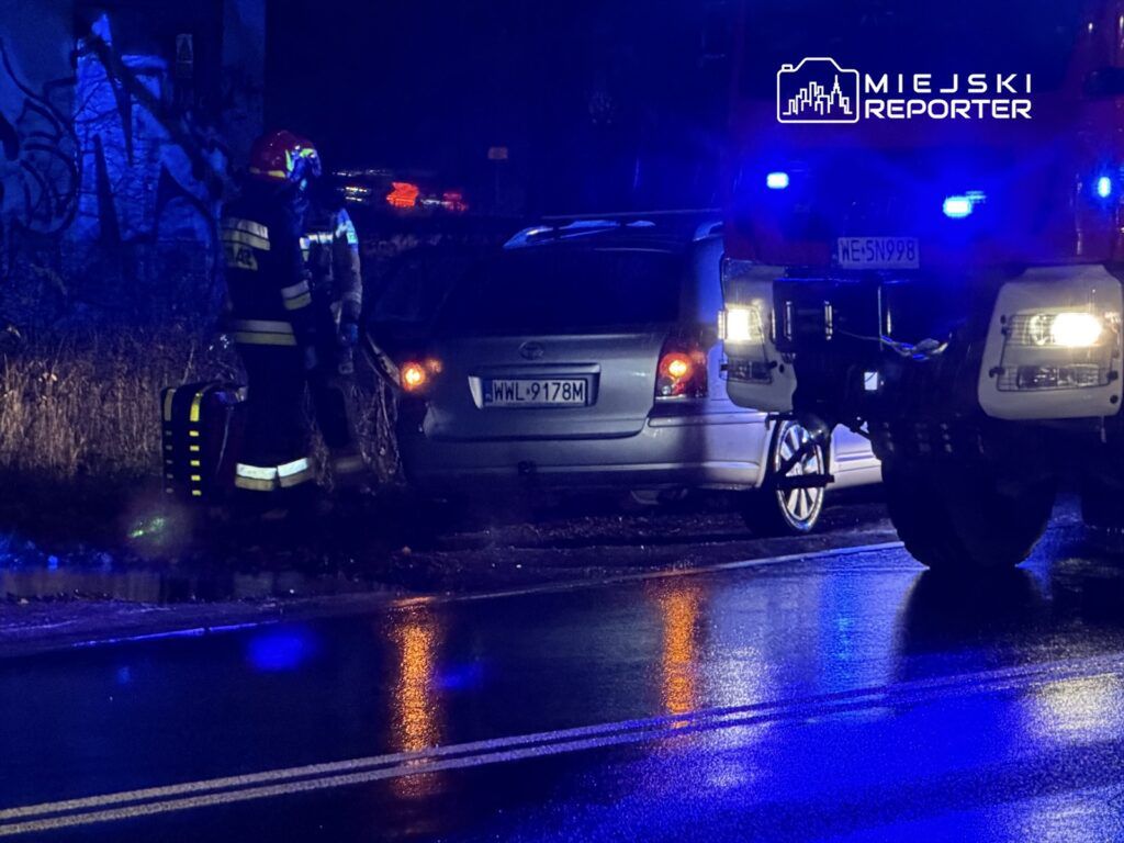 Strażacy w mundurach rozmawiają przy samochodzie zaparkowanym na poboczu drogi, w tle widać niebieskie światła.