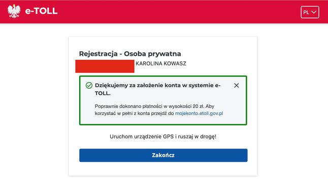 Potwierdzenie przelania kwoty 20 zł na konto e-TOLL