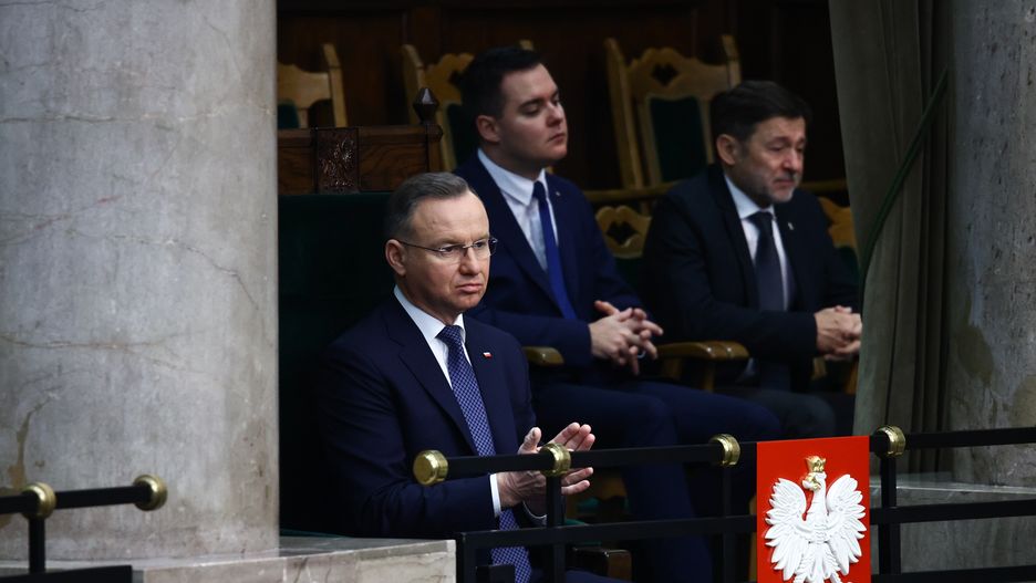 WARSAW, POLAND - DECEMBER 11: President Andrzej Duda attends the Parliament session in Warsaw, Poland on December 11, 2023. Polish President Andrzej Duda entrusted the formation of the government to the current Prime Minister Mateusz Morawiecki but his motion for a vote of confidence is expected to be rejected due to the lack of a majority. The majority of Parliament is planning to vote for Donald Tusk as the new Prime Minister later today. (Photo by Jakub Porzycki/Anadolu via Getty Images)