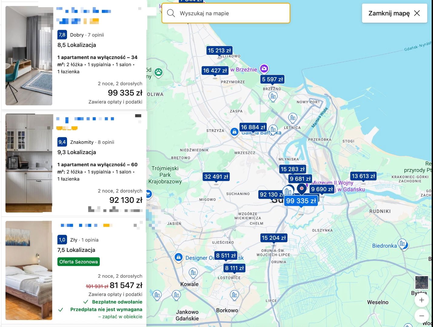 Najdroższe oferty w Gdańsku na weekend 14-16 sierpnia na Booking