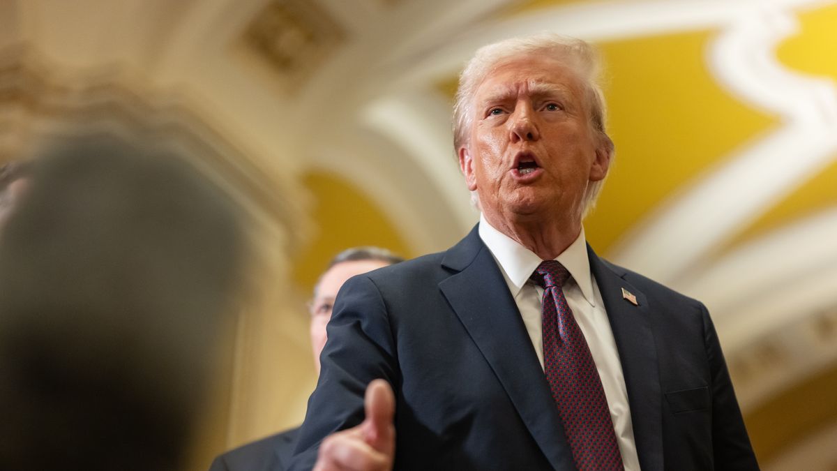 WASHINGTON, DC - JANUARY 08: President-Elect Donald Trump speaks to reporters following a meeting with GOP Senators on Capitol Hill in Washington, DC., on January 08, 2025. (Photo by Craig Hudson for The Washington Post via Getty Images)