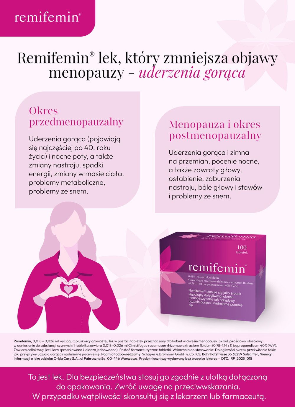 Remifemin lek, który zmniejsza objawy menopauzy, uderzenia gorąca - infografika.