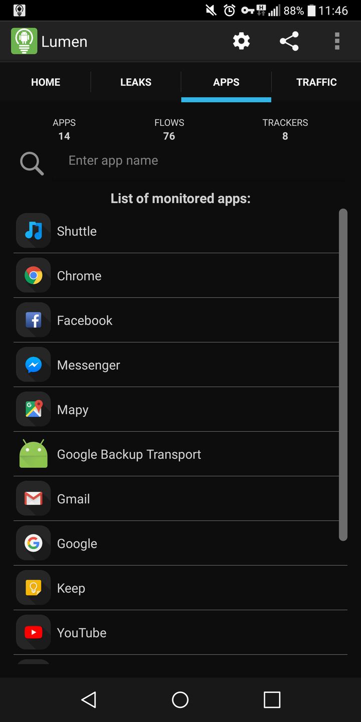 Widok listy aplikacji, które przesyłają dane do analizy.