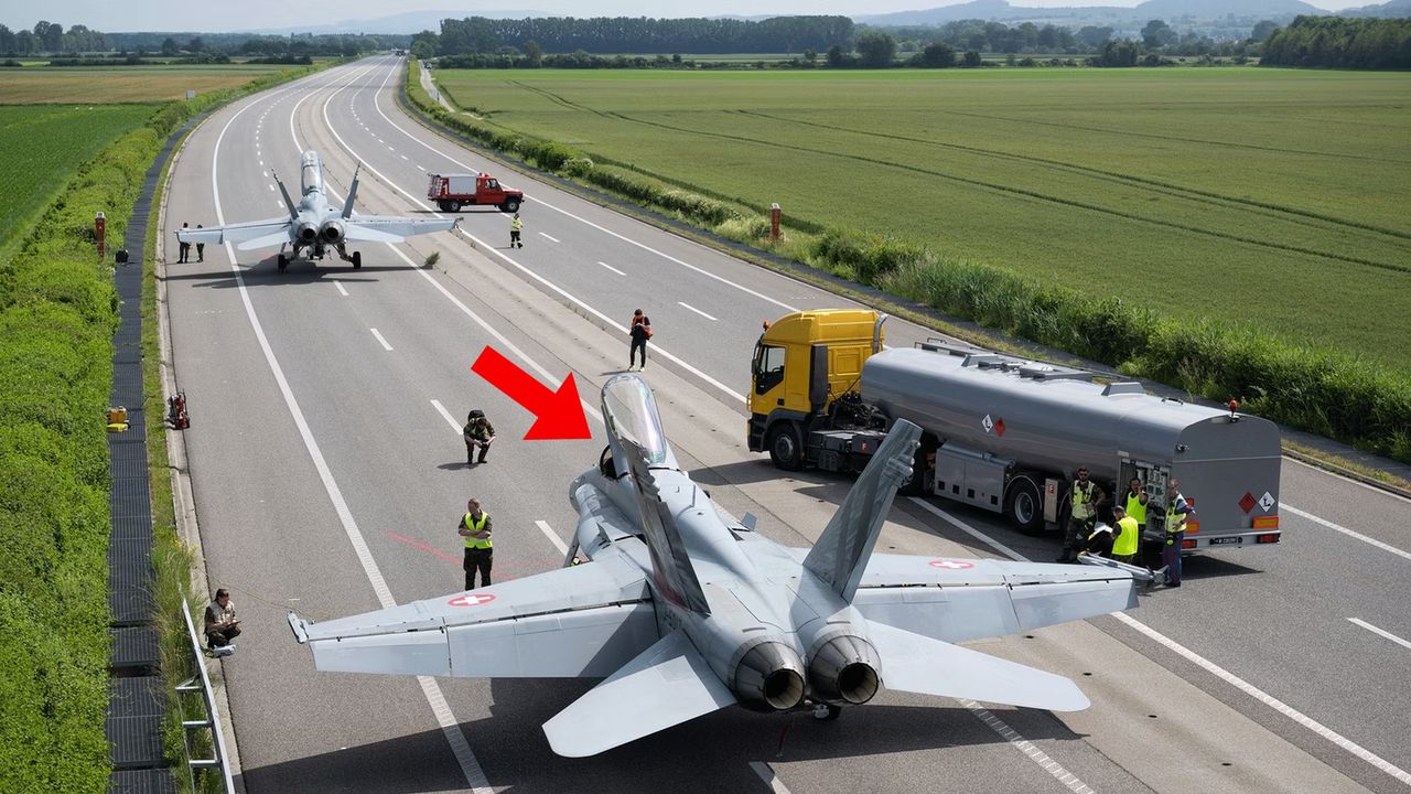 F/A-18 fighter jets land on Swiss motorway, vignette in tow