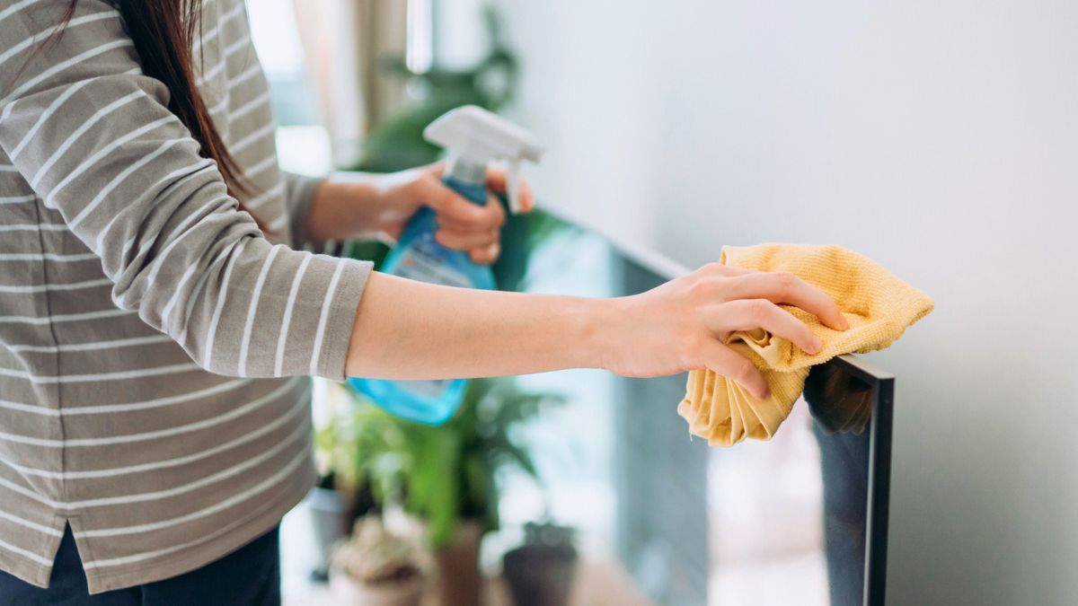 Kobieta myje telewizor