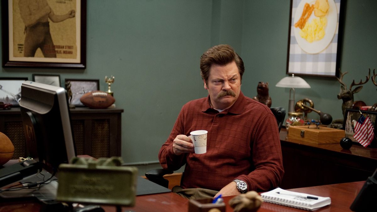 Parks and Recreation - Season 5
PARKS AND RECREATION -- "Leslie vs. April" Episode 507 -- Pictured: Nick Offerman as Ron Swanson -- (Photo by: Colleen Hayes/NBCU Photo Bank/NBCUniversal via Getty Images via Getty Images)
NBC
2010s, 2012-2013, Air Date 11/08/2012, Color, Episodic, Horizontal, Indoor, NBCU Photo Bank, NUP_152192, One Person, Season 5, Select, Single, Solo