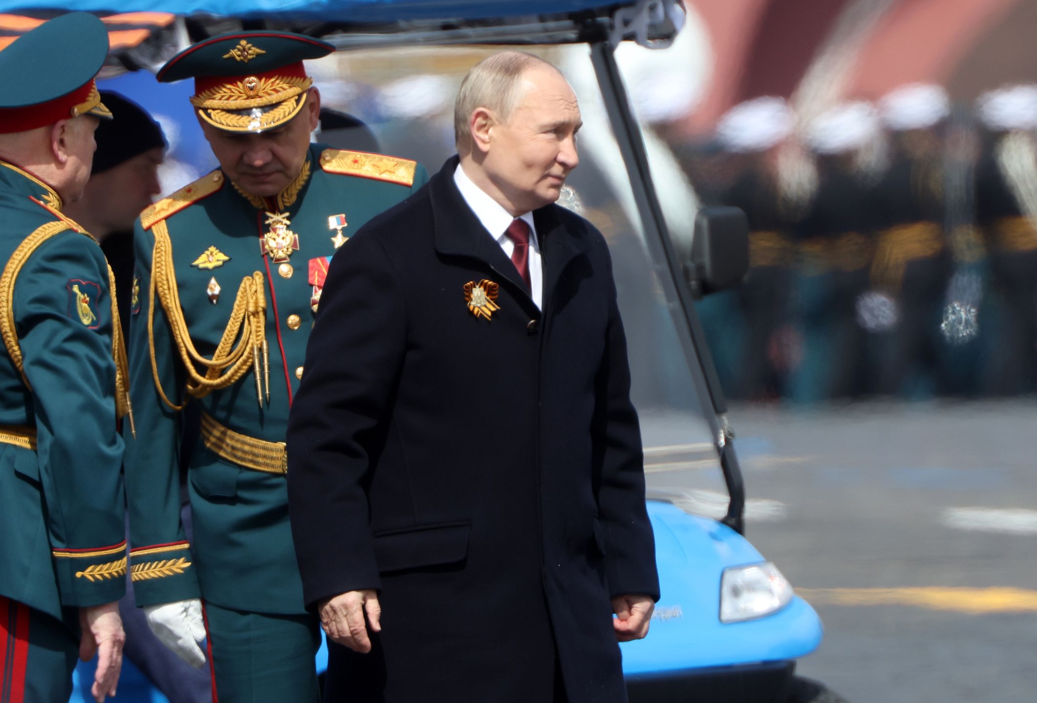 MOSCOW, RUSSIA - MAY 9: (RUSSIA OUT) Russian President Vladimir Putin (C) and Defence Minister Sergei Shoigu (L) attend the Victory Day parade at Red Square on May 9, 2024 in Moscow, Russia. The Victory Day Red Square Military Parade gathered 9000 military personnel and 75 vehicles. (Photo by Contributor/Getty Images)