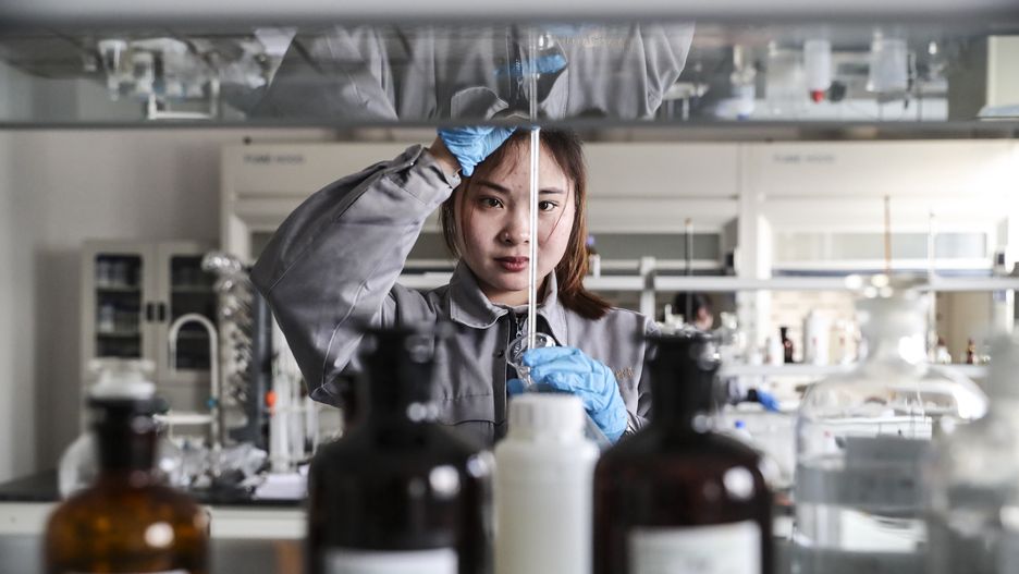 HUAI'AN, CHINA - APRIL 6, 2021 - A worker performs a laboratory inspection at a chemical plant in Huai 'an, east China's Jiangsu province, April 6, 2021. (Photo credit should read Costfoto/Barcroft Media via Getty Images)