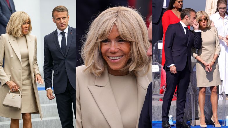 Brigitte Macron uzbrojona w torebkę Louis Vuitton za 27 TYSIĘCY ZŁOTYCH eksponuje nogi u boku męża na obchodach Dnia Bastylii (ZDJĘCIA)