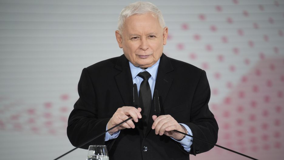 Former de facto leader of Poland Jaroslaw Kaczynski and former Prime Minister Mateusz Morawiecki hold a press conference in Warsaw, Poland on 19 March, 2024. (Photo by Jaap Arriens/NurPhoto via Getty Images)