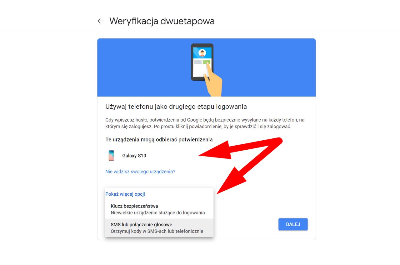 Kreator uwierzytelniania dwuetapowego zaczyna się od wyboru metody weryfikacji