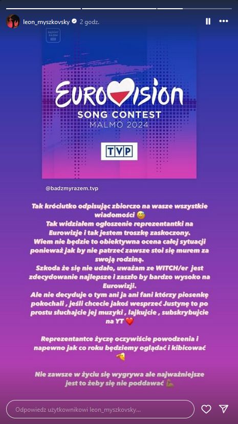 Leon Myszkowski reaguje na ogłoszenie kandydatki na Eurowizję