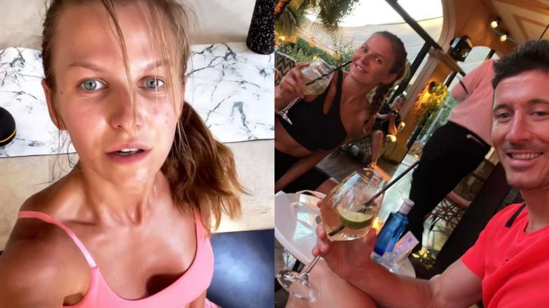 Anna Lewandowska sączy drineczka po treningu