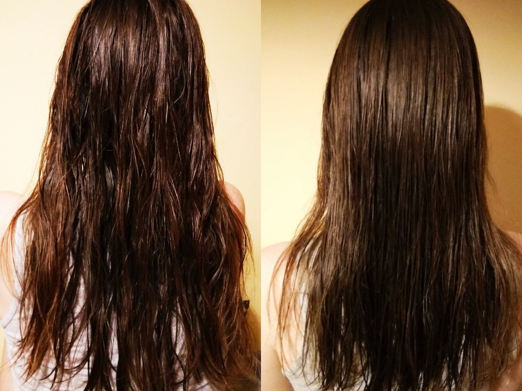 Po lewej włosy przed użyciem octowej płukanki. Po prawej po kilku dniach używania