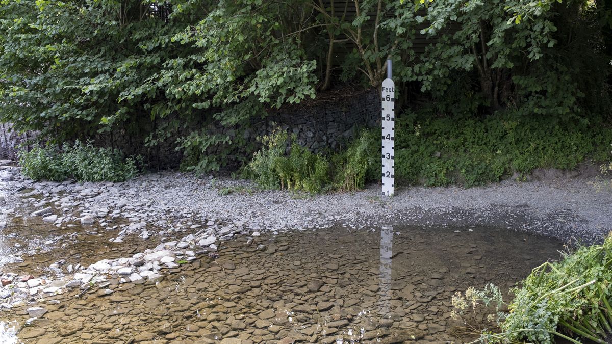 Lack of rainfall during the elongated Spring and Summer heatwave has resulted in rivers running low and as seen here by the river height market at a ford on the River Redlake on 24th July 2026 in Bucknell, United Kingdom. England and Wales have experienced a very warm dry Spring and Summer heatwave weather leading to water shortages and low river levels. (photo by Mike Kemp/In Pictures via Getty Images)