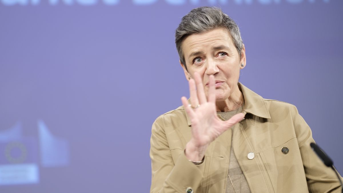 BRUSSELS, BELGIUM - FEBRUARY 8:  Executive Vice President of the European Commission for A Europe Fit for the Digital Age and European Commissioner for Competition Margrethe Vestager is talking to media in the Berlaymont, the EU Commission headquarter on February 8, 2024 in Brussels, Belgium. Today, the executive branch of the European Union adopted an update of its guidelines for defining markets, which it uses to delimit competition between companies when assessing mergers or possible monopoly cases, in order to adapt it to the new economic reality. (Photo by Thierry Monasse/Getty Images)