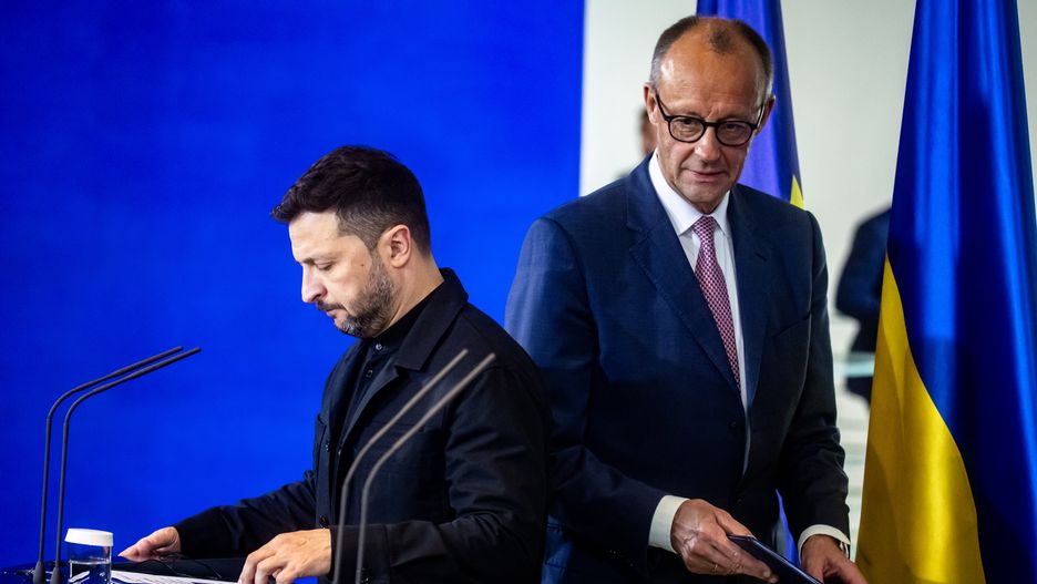 German Chancellor Friedrich Merz and Ukrainian President Volodymyr Zelensky arrive at a press conference after talks at the Chancellery in Berlin, Germany, on May 28, 2025. (Photo by Emmanuele Contini/NurPhoto via Getty Images)