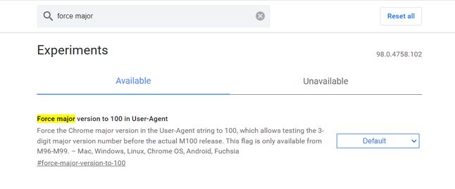 W Google Chrome można wymusić raportowanie wersji "100" na potrzeby testów