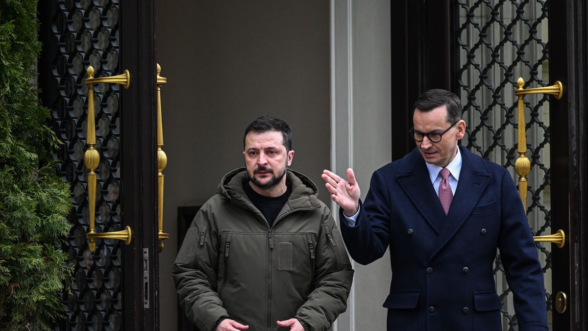 WARSAW, POLAND – APRIL 5:: Ukraine’s President, Volodymyr Zelenskyy and Poland's Prime Minister, Mateusz Morawiecki arrive to inspect Polish-made Rosomak armored vehicles and greet Polish soldiers before delivering a statement to the press at the Prime Minister Chancellery on April 05, 2023 in Warsaw, Poland. The Ukrainian President will meet his Polish counterpart, Andrzej Duda and Poland's Prime Minister, Mateusz Morawiecki to discuss issues related to security, economic and agricultural cooperation. (Photo by Omar Marques/Getty Images)