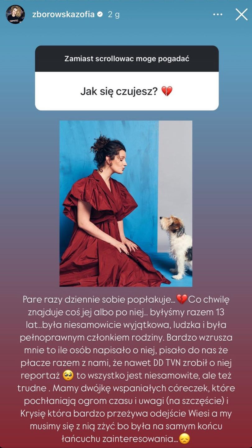 Zofia Zborowska przeżywa żałobę po ukochanym psie