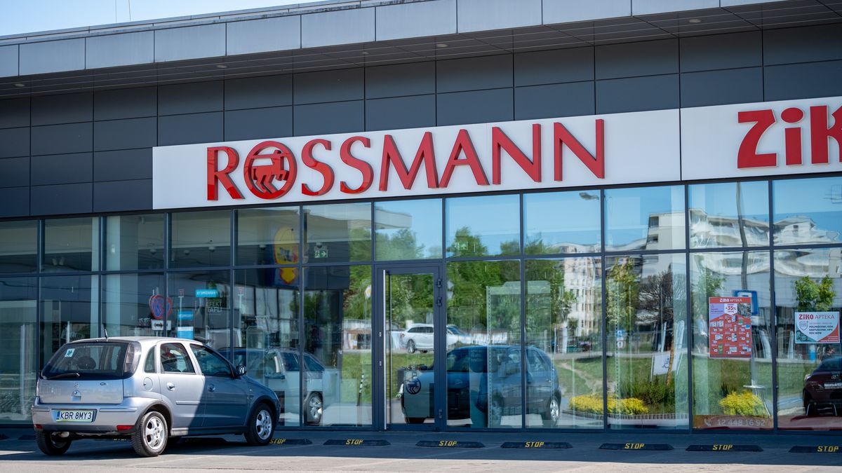 A Rossmann store with the company logo sign is seen in Krakow, Poland, on May 10, 2026. The store is part of a perfumery and drug pharmacy chain. A signboard with the brand logotype is visible above the entrance. (Photo by Marcin Golba/NurPhoto via Getty Images)