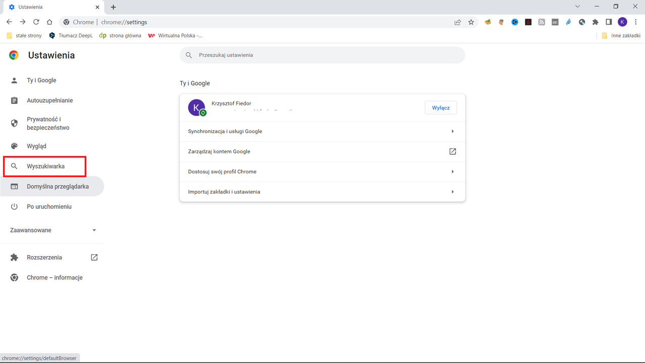 Google Chrome: menu wyszukiwarka