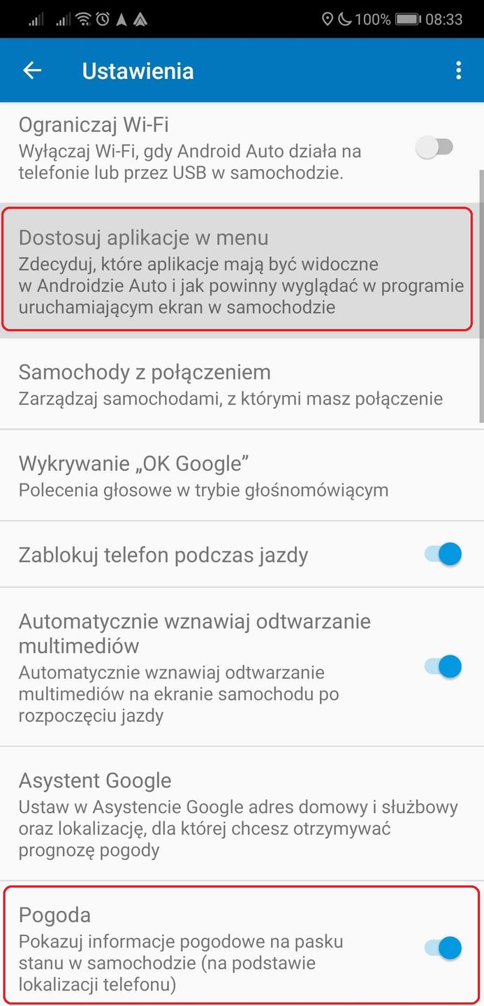 W ustawieniach Androida Auto można już zdecydować o Pogodzie i ikonach w menu głównym.