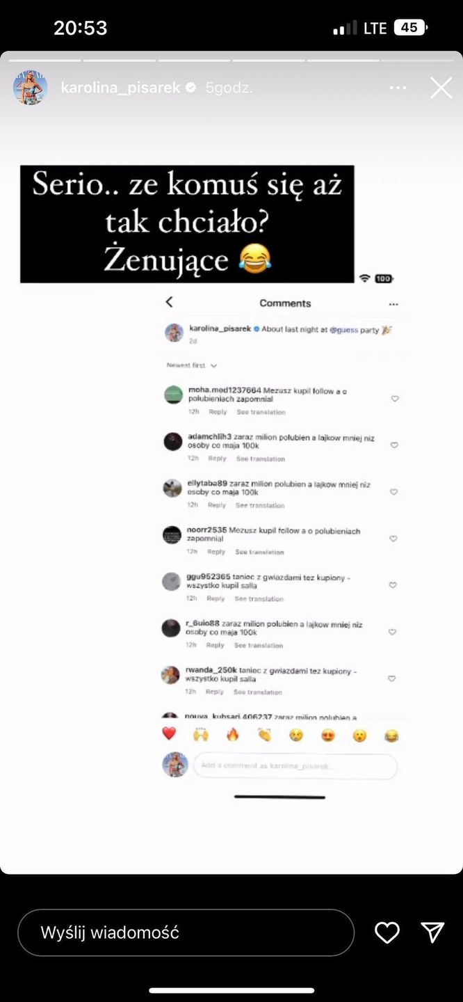 Karolina Pisarek pokazuje negatywne komentarze, które - jej zdaniem - piszą boty