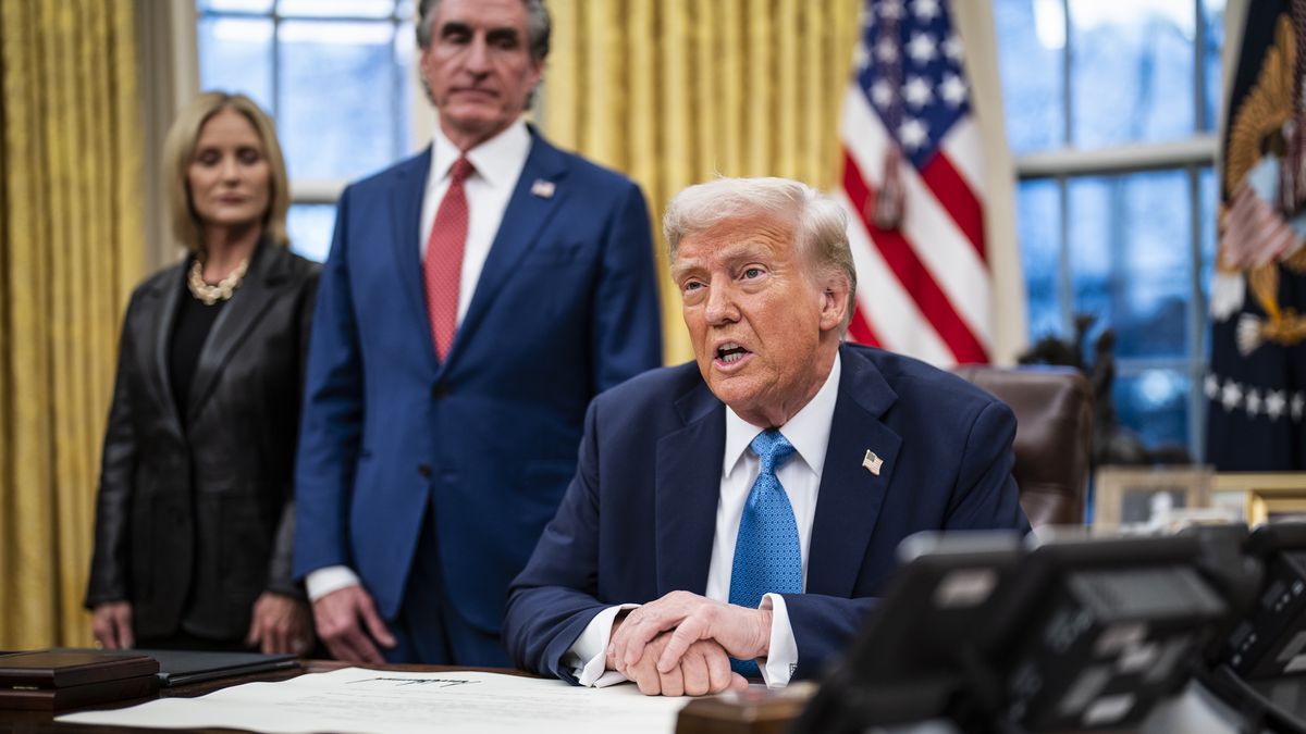 Washington, DC - January 31 : President Donald J Trump speaks with Interior Secretary Doug Burgum and his wife Kathryn in the Oval Office at the White House on Friday, Jan 31, 2025 in Washington, DC. (Photo by Jabin Botsford/The Washington Post via Getty Images)