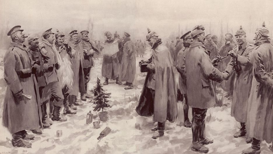 Prasowa ilustracja z czasów wojny, nawiązująca do rozejmu bożonarodzeniowego