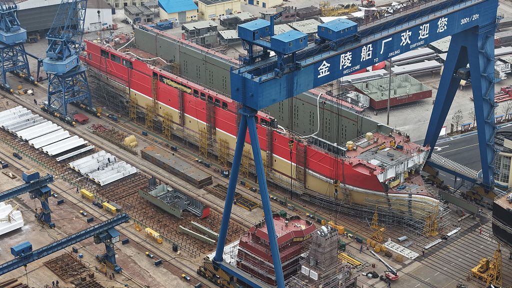 Jinling Shipyard in Nanjing
Workers build various large ships at Jinling Shipyard in Nanjing, Jiangsu Province, China, on March 5, 2026. (Photo by Costfoto/NurPhoto via Getty Images)
NurPhoto
infrastructure, maritime, workforce, craftsmanship, construction, china, assembly, shipbuilding, naval, industrial, workers, building, nurphoto, logistics, costfoto, fabrication, marine industry, jinling shipyard, large ships, vessels, production, docks, ship design, innovation., march 5