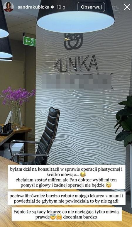 Wpis Sandry Kubickiej na Instagramie