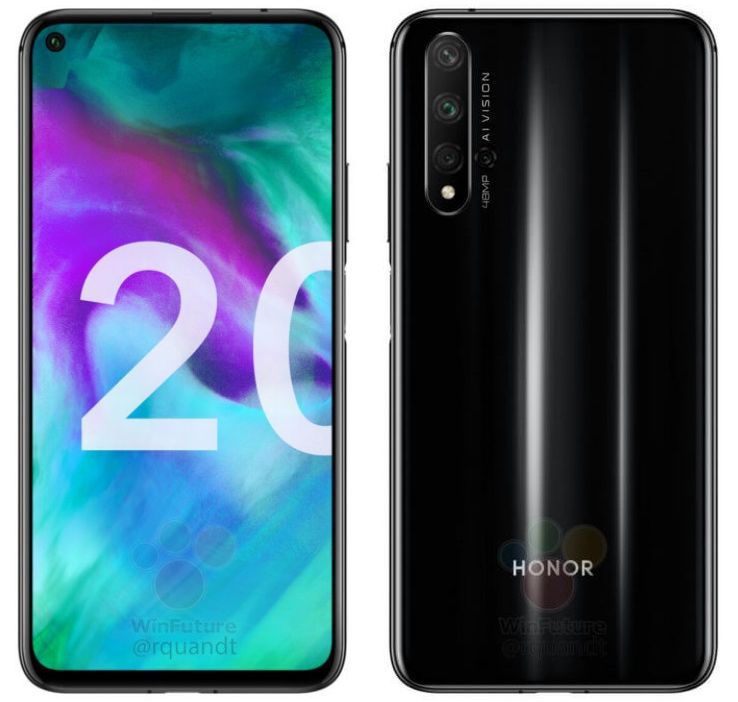 Honor 20 w pełnej krasie. Ma otwór w ekranie oraz poczwórny aparat 5