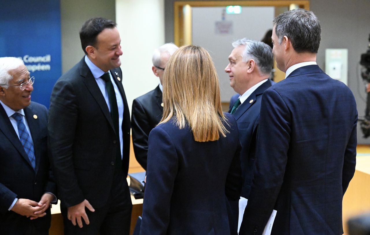 BRUSSELS, BELGIUM - FEBRUARY 1: Portuguese Prime Minister Antionio Costa (L), EU Parliament's president Roberta Metsola (3rd R), Irish Prime Minister Leo Varadkar (2nd L), and Hungarian Prime Minister Viktor Orban (2nd R) attend the special European Council meeting at the European headquarters in Brussels, Belgium on February 01, 2024. EU leaders are gathering in Brussels on Thursday as part of a special European Council meeting to discuss 'pressing issues,' including the war in Ukraine and Multiannual Financial Framework. (Photo by Dursun Aydemir/Anadolu via Getty Images)