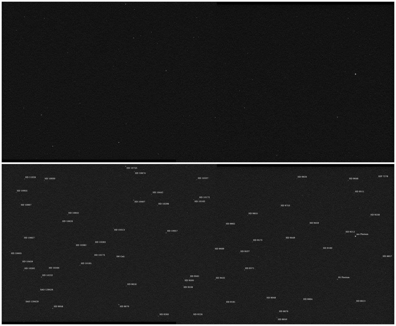 Pierwsze obrazy dostarczone na Ziemie przez sondę Psyche. Mozaika przedstawia gwiazdy w konstelacji Ryb. U dołu znajduje się wersja mozaiki na której oznaczono nazwy przedstawionych gwiazd