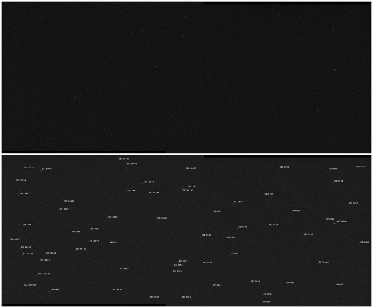 The first images delivered to Earth by the Psyche probe. The mosaic shows stars in the Pisces constellation. At the bottom is a version of the mosaic where the names of the depicted stars are marked.