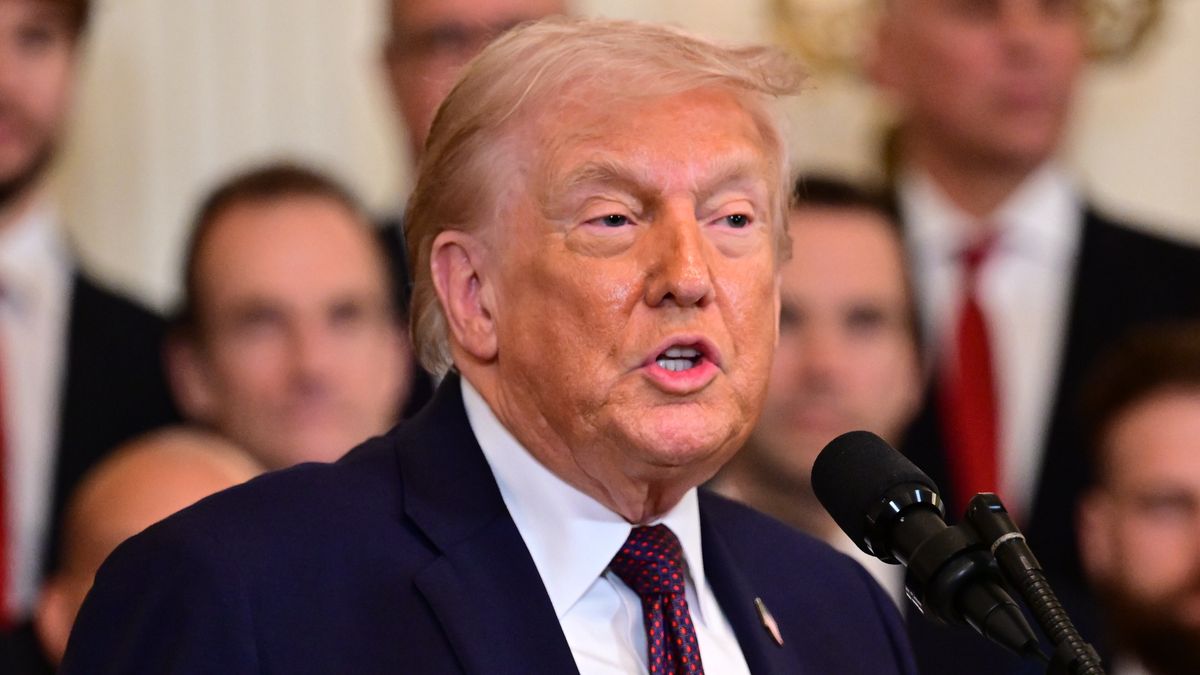 WASHINGTON, DC - JANUARY 15: U.S. President Donald Trump attends a ceremony to honor the 2025 Stanley Cup Champion Florida Panthers in the East Room of the White House on January 15, 2026 in Washington, DC., United States. (Photo by Kyle Mazza/Anadolu via Getty Images)