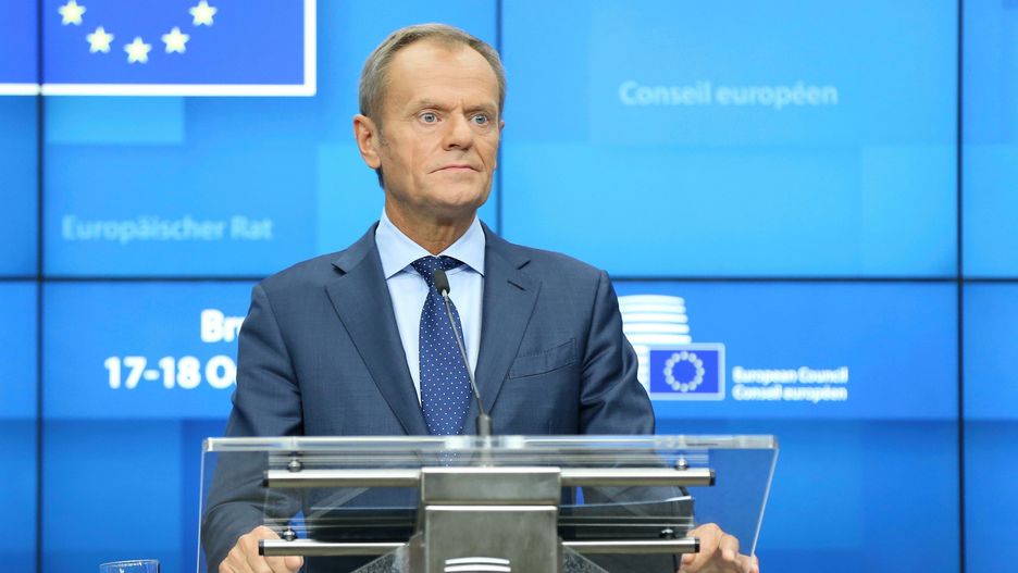 BRUSSELS, BELGIUM - OCTOBER 17: EU Council President Donald Tusk speaks during media conference at the EU headquarters during the European Union Summit in Brussels, Belgium on October 17, 2019. (Photo by Dursun Aydemir/Anadolu Agency via Getty Images)
