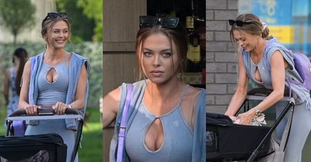 Rześka Joanna Opozda rozsyła uśmiechy na osiedlowym spacerze z Vincentem i suczką Marilyn (ZDJĘCIA)