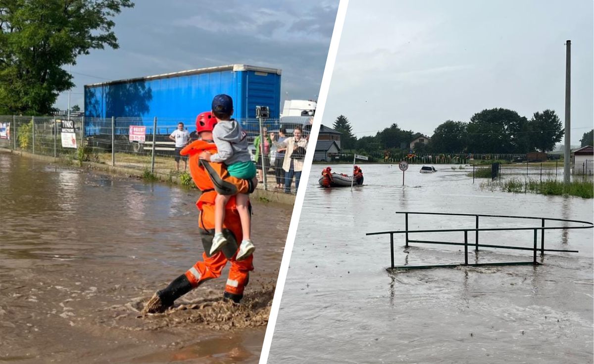 ewakuacja, zalane ulice, ulewa, przedszkole, strażacy Ulewa odcięła drogę do przedszkola. Ewakuowano 40 dzieci