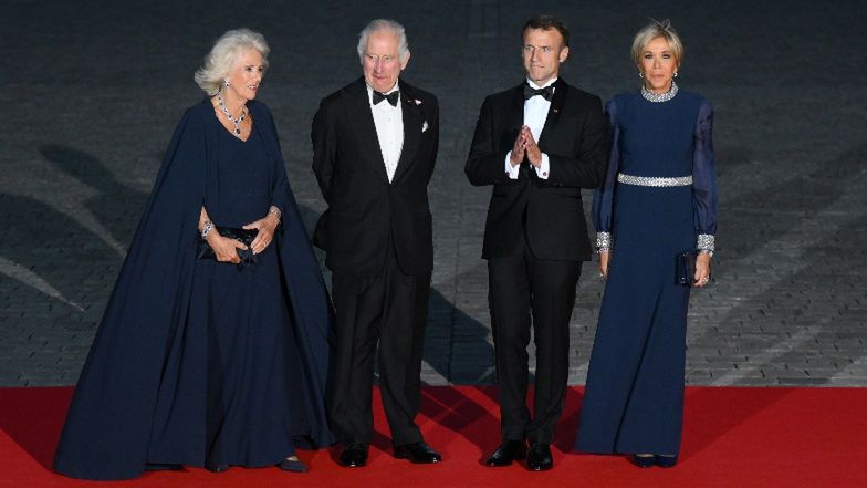 Brigitte Macron na wieczornym spotkaniu z brytyjską parą królewską