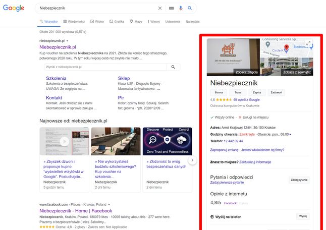 Wizytówka w Google na przykładzie Niebezpiecznika.