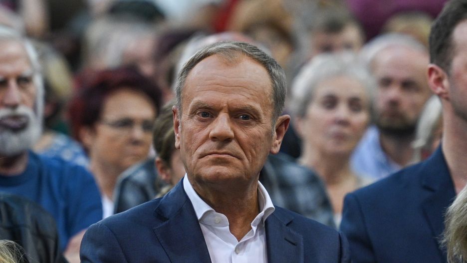KRAKOW, POLAND - MAY 15, 2023: , Leader of the Civic Platform opposition party, Donald Tusk seen during a meeting in Krakow, on May 15, 2023, in Krakow, Poland. Chairman Donald Tusk's visit to Krakow marked the 10th stop of the Civic Platform party's tour. The 'Tusk Show' united residents for the #HereIsTheFuture campaign, featuring a mix of familiar and new elements. The dynamic exchange and passionate speeches echoed the March 4th march, rallying all to unite in Warsaw. (Photo by Artur Widak/NurPhoto via Getty Images)